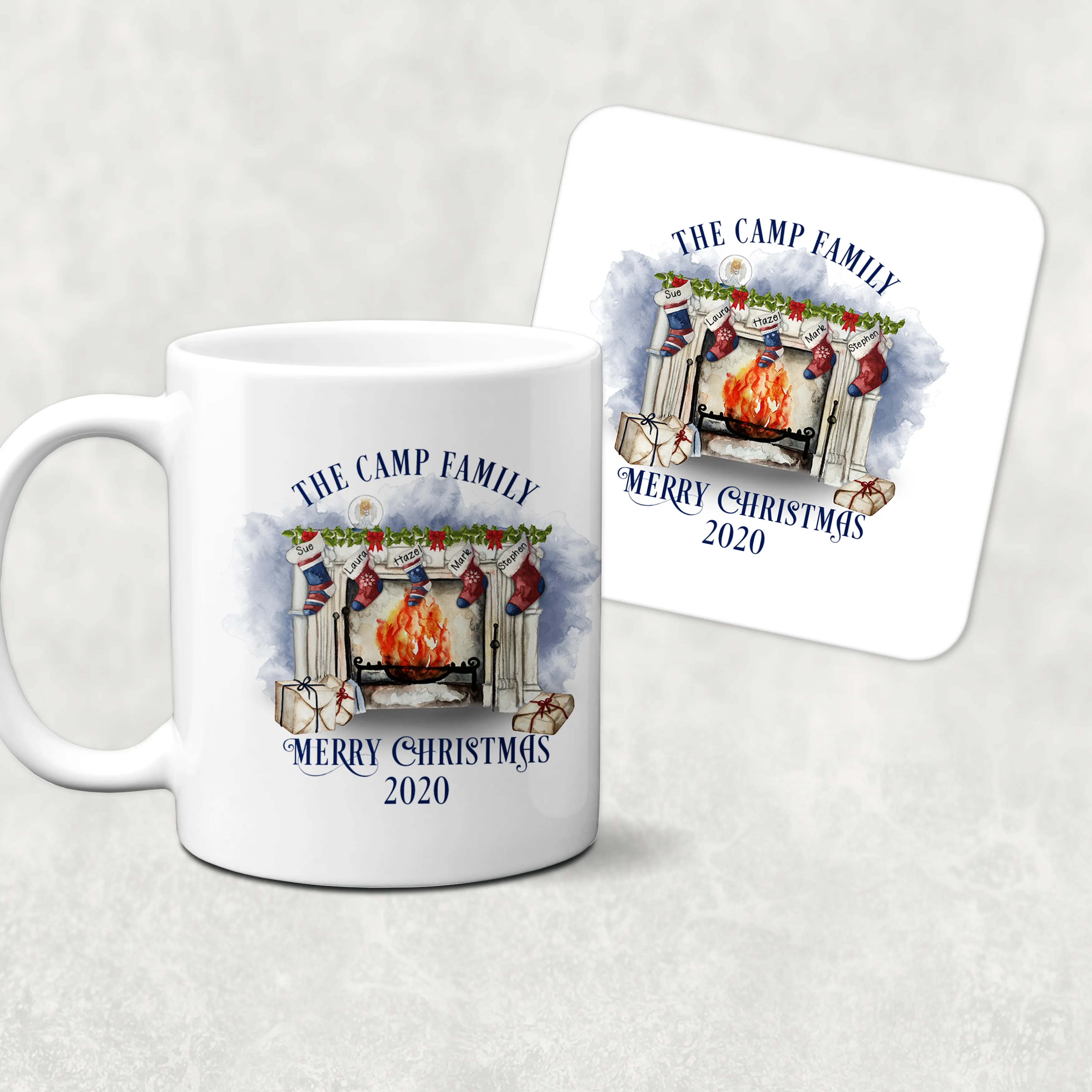 Festive Fireplace with Personalised Family Stockings Christmas Eve Mug and Coaster Set