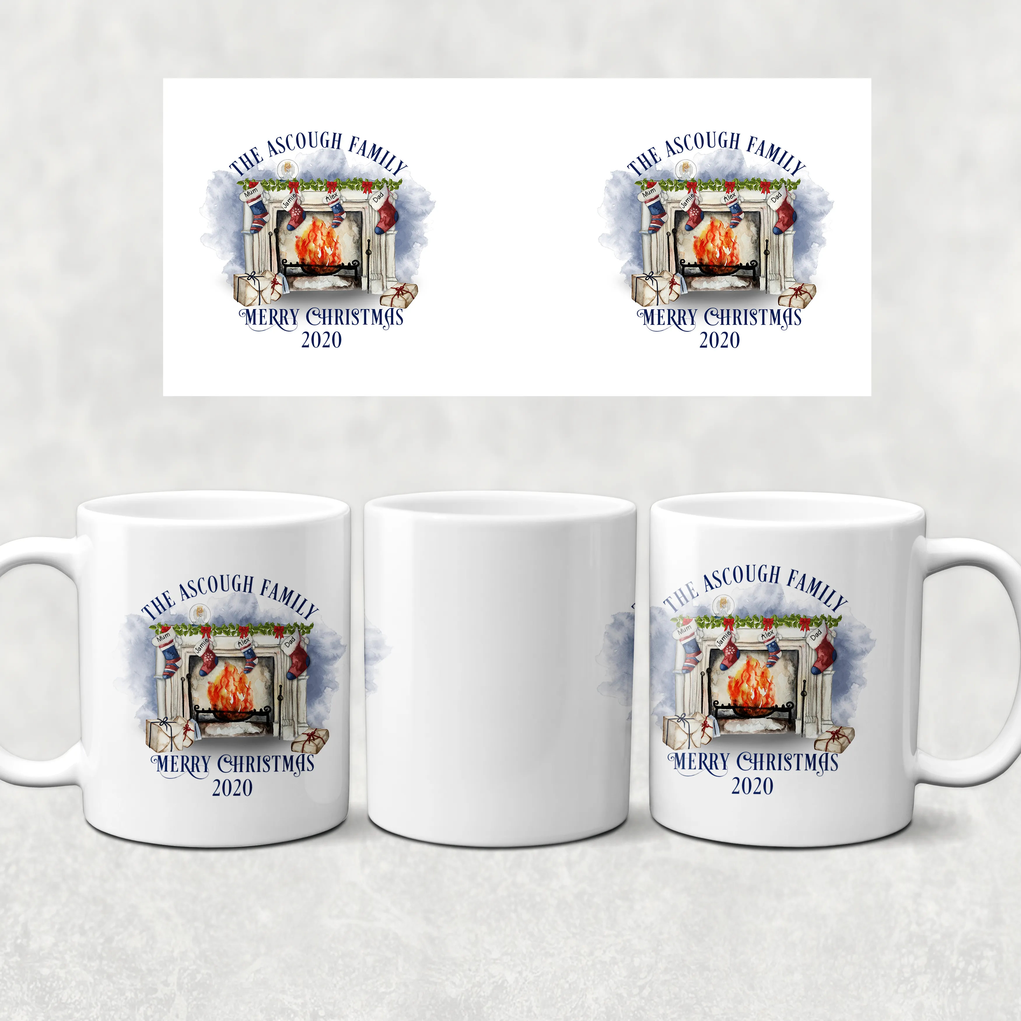 Festive Fireplace with Personalised Family Stockings Christmas Eve Mug and Coaster Set