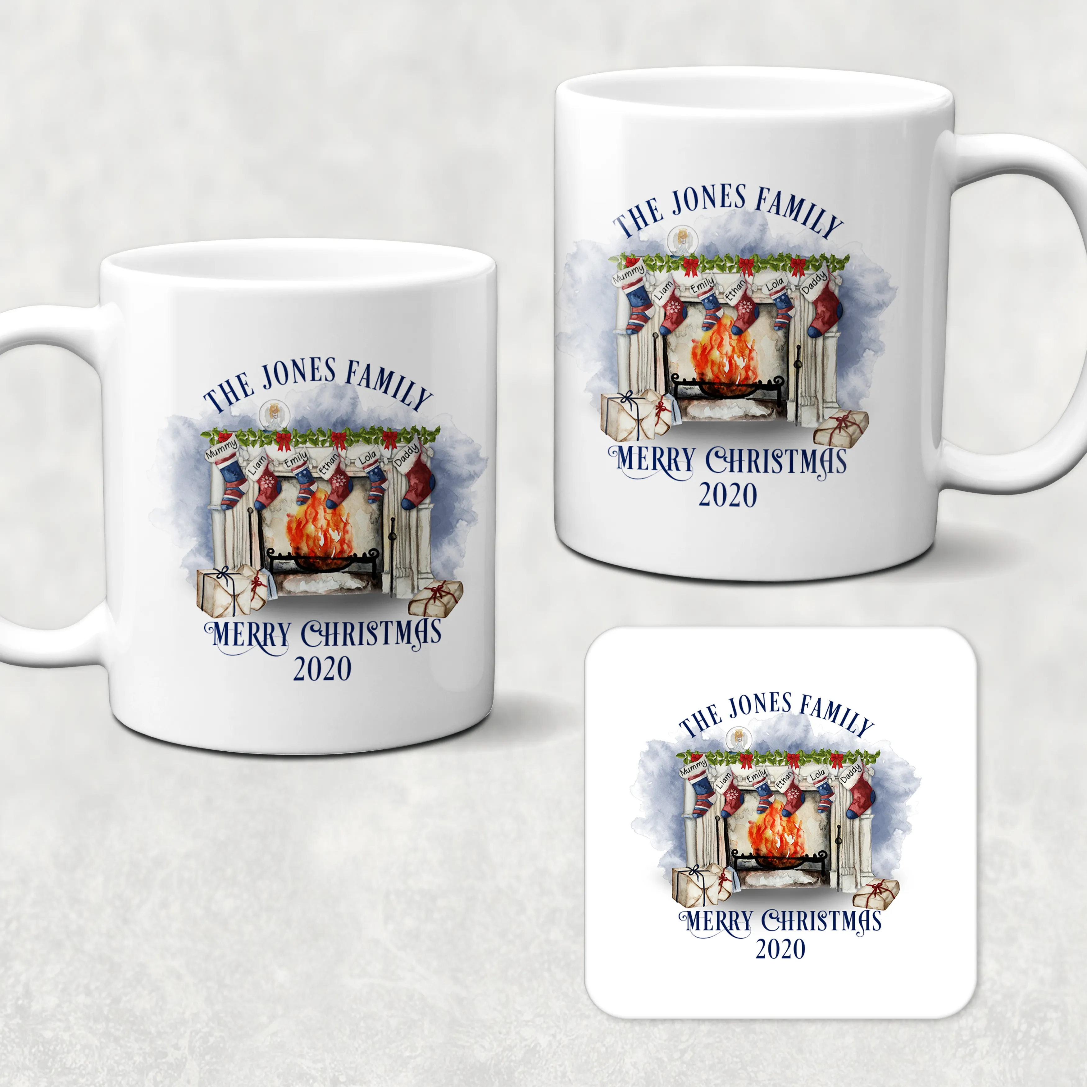 Festive Fireplace with Personalised Family Stockings Christmas Eve Mug and Coaster Set