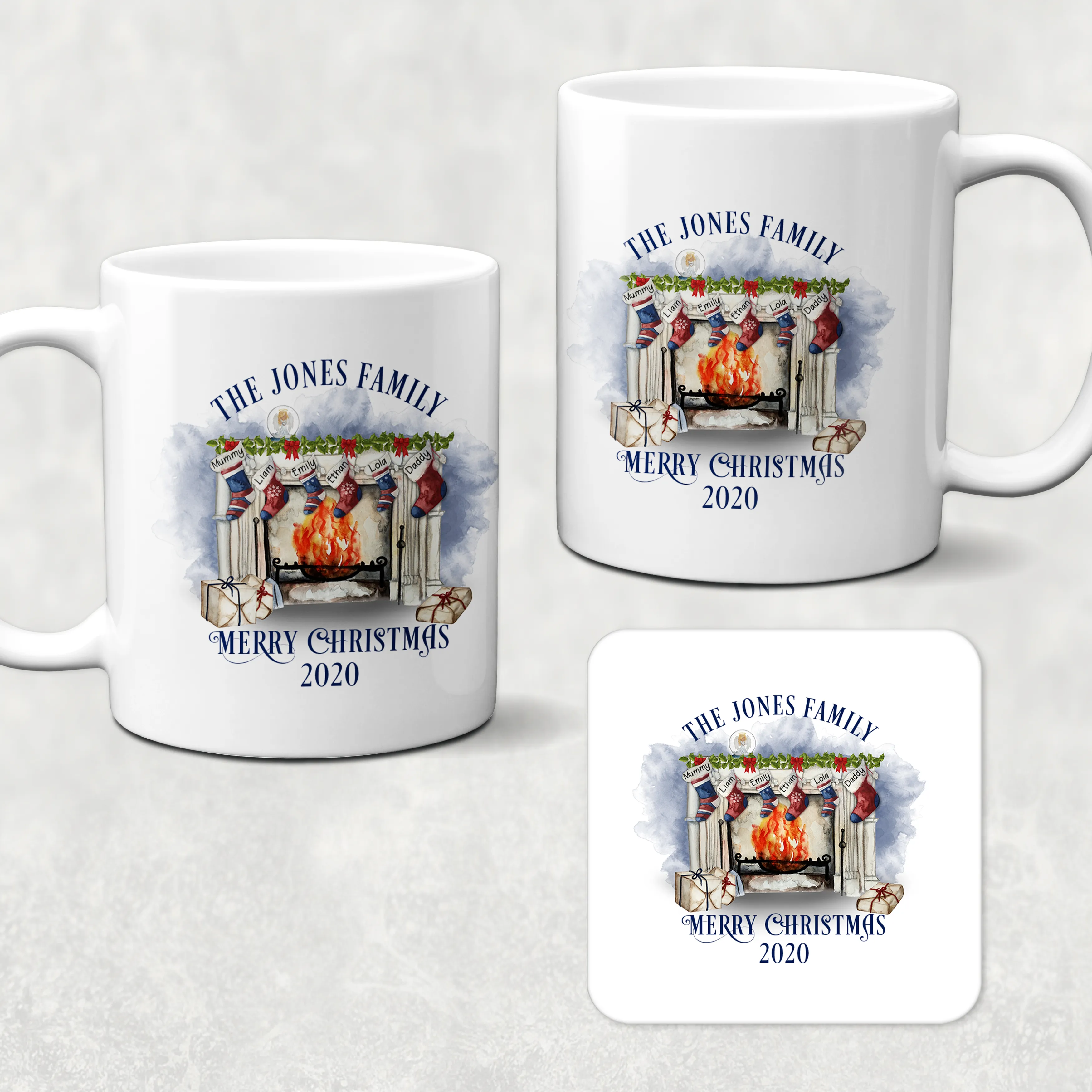 Festive Fireplace with Personalised Family Stockings Christmas Eve Mug and Coaster Set