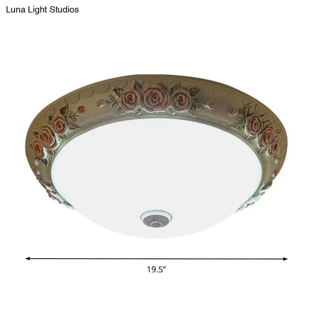 Floral Accent LED Vintage Flush-Mount Ceiling Light Fixture - White Glass, 12"/16"/19.5" Wide