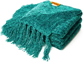 Fluffy Knitted Throw Blanket with Decorative Fringe for Home Décor