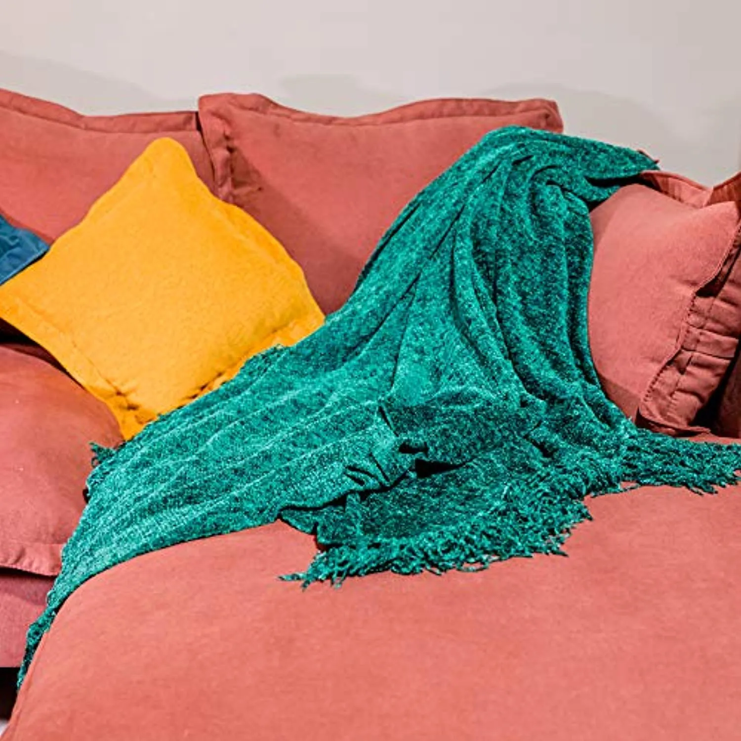 Fluffy Knitted Throw Blanket with Decorative Fringe for Home Décor