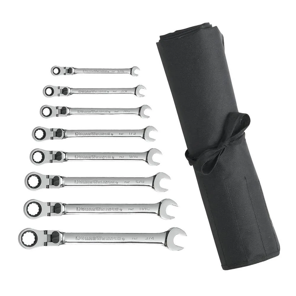 GearWrench 85798R 8 Pc. 72-Tooth 12 Point XL Locking Flex Head Ratcheting Combination SAE Wrench Set with Tool Roll