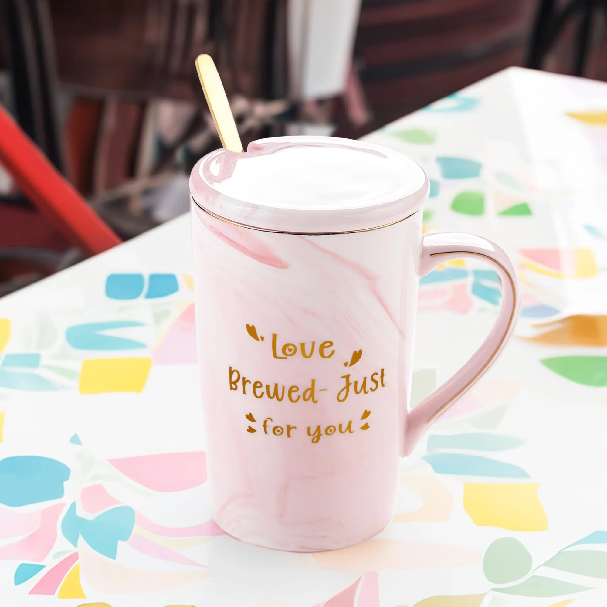 Gleevers Ceramic Coffee Mug with Spoon and Lid | Love Brewed- Just for You | Gift for Mother | for Loved Ones | Mothers Day Gift for Mom | Pink | 1 Pack with Gift Bag and Gift Box Included