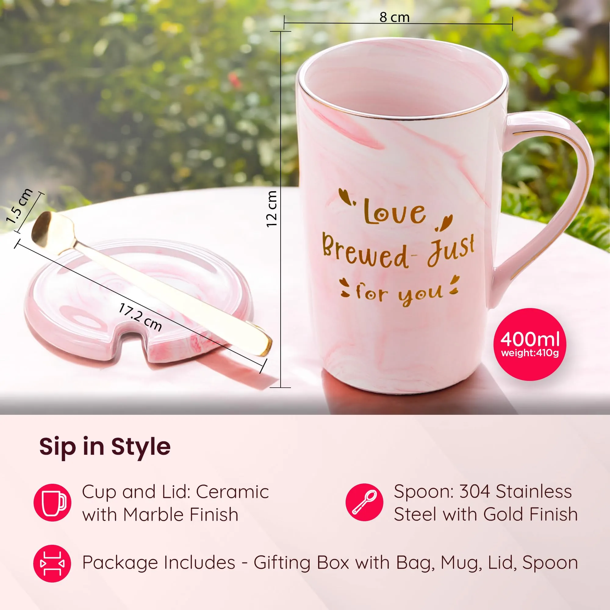 Gleevers Ceramic Coffee Mug with Spoon and Lid | Love Brewed- Just for You | Gift for Mother | for Loved Ones | Mothers Day Gift for Mom | Pink | 1 Pack with Gift Bag and Gift Box Included