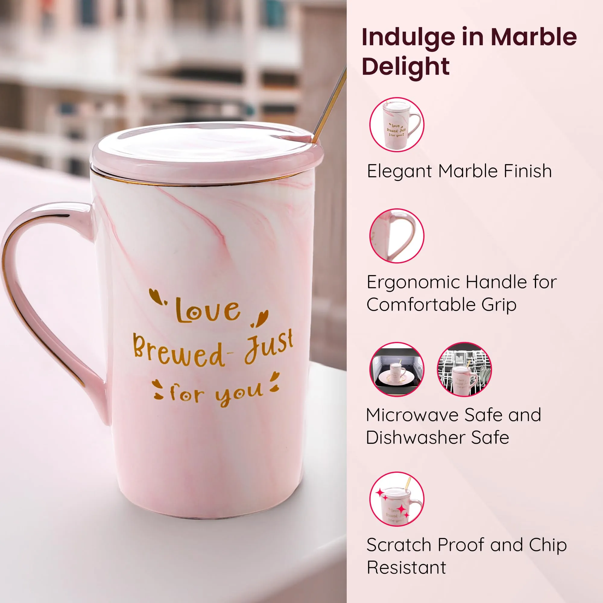 Gleevers Ceramic Coffee Mug with Spoon and Lid | Love Brewed- Just for You | Gift for Mother | for Loved Ones | Mothers Day Gift for Mom | Pink | 1 Pack with Gift Bag and Gift Box Included