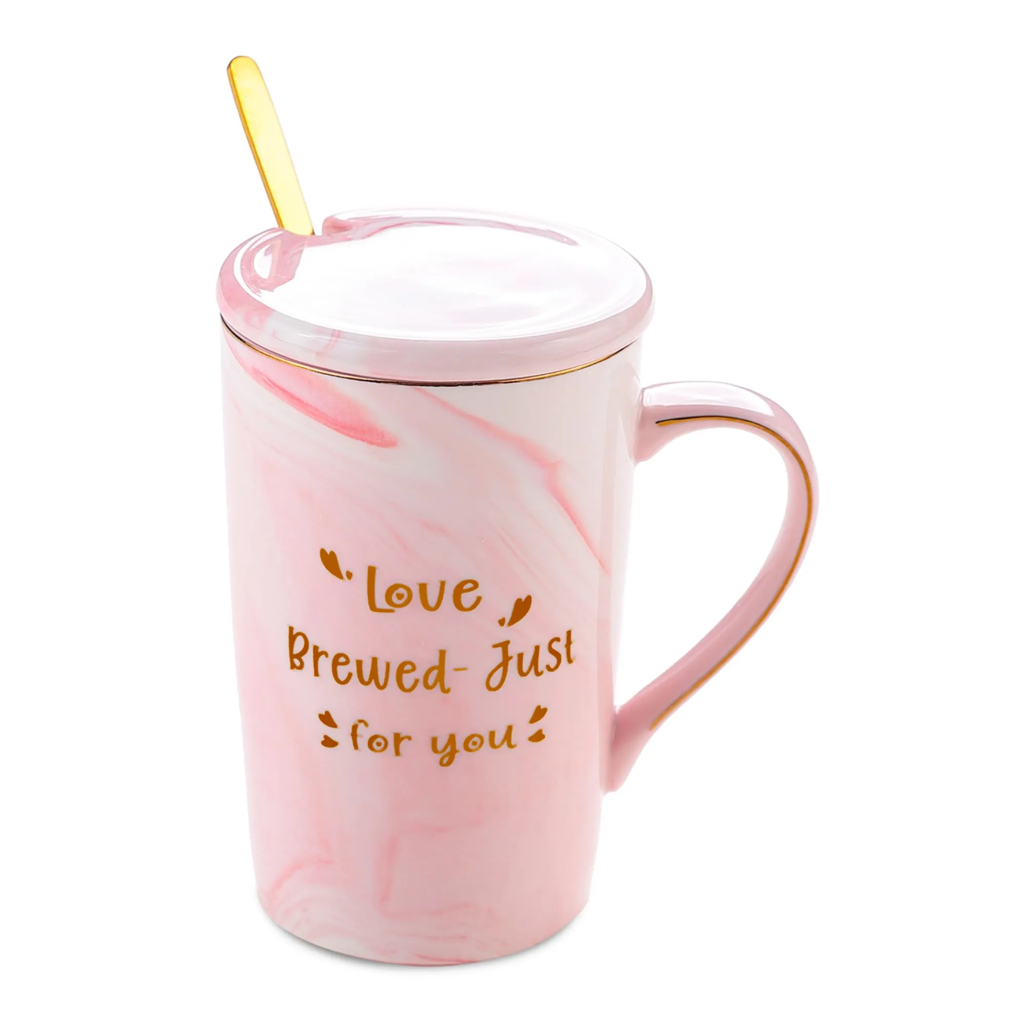 Gleevers Ceramic Coffee Mug with Spoon and Lid | Love Brewed- Just for You | Gift for Mother | for Loved Ones | Mothers Day Gift for Mom | Pink | 1 Pack with Gift Bag and Gift Box Included