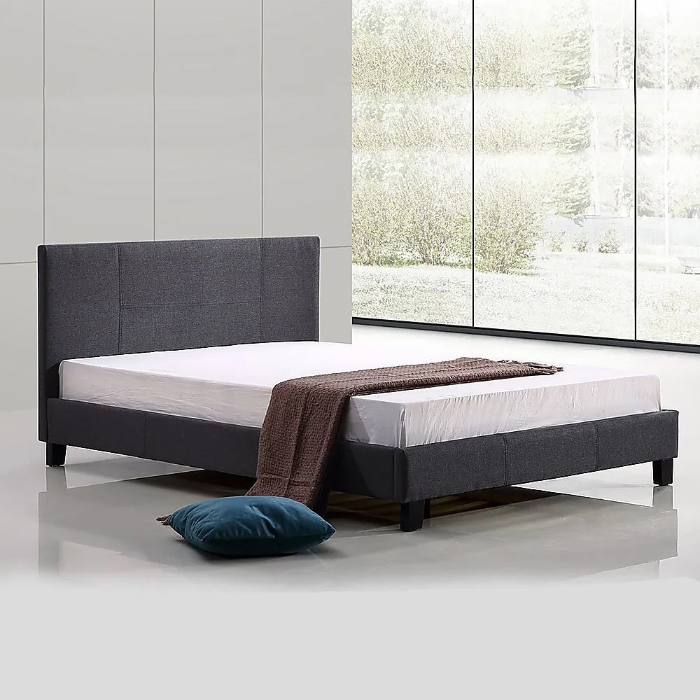 Grey Linen Fabric Double Bed Frame with Stitched Headboard