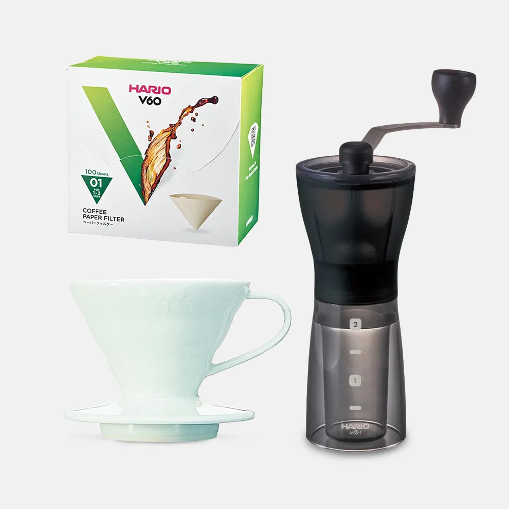 Hario Mini Mill Plus V60 Ceramic Starter Kit Size 01 (White)