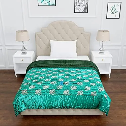 Indiafab Textiles Jaipuri Razai Rajasthani Traditional Silk Fabric Filling Pure Cotton Lightweight Winter and Summer Rajai Quilt Bedding Throw Blanket (Green Elephant Double Bed 90 X 108 INCHES)