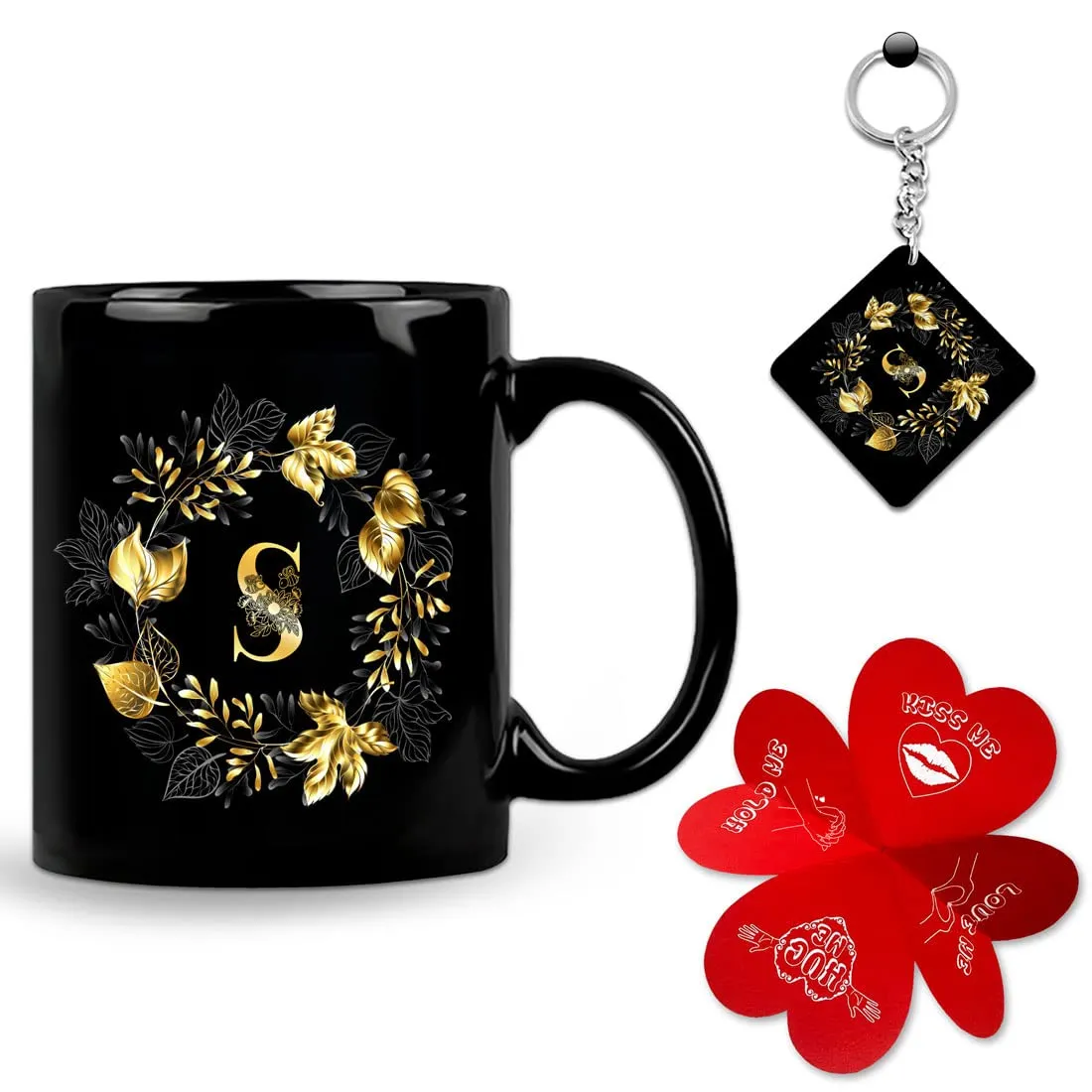 K1Portal Alphabet Letter Printed Ceramic Mug- 325 ml, Heart Shape Card, Printed Keychain (S Alphabet)