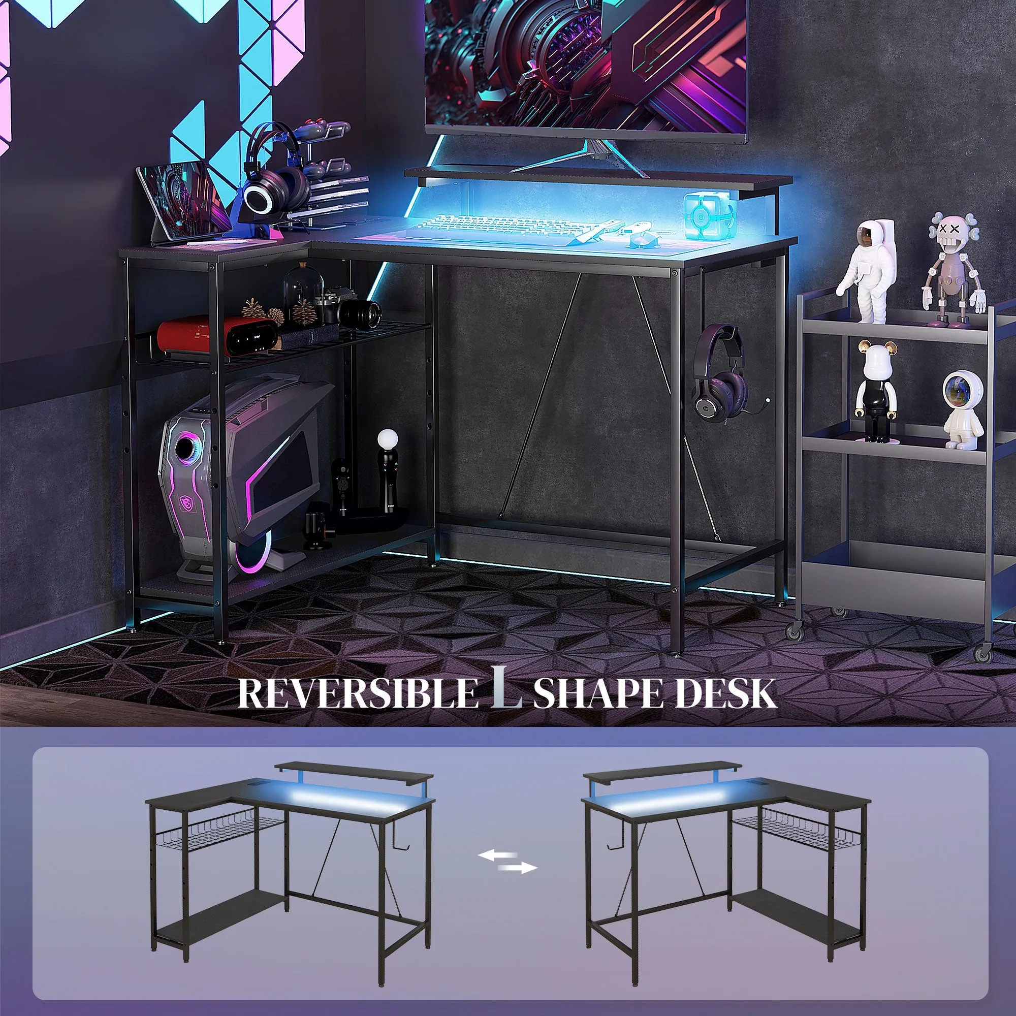 L Shaped Desk with LED Lights Reversible Corner Gaming Desk with Storage