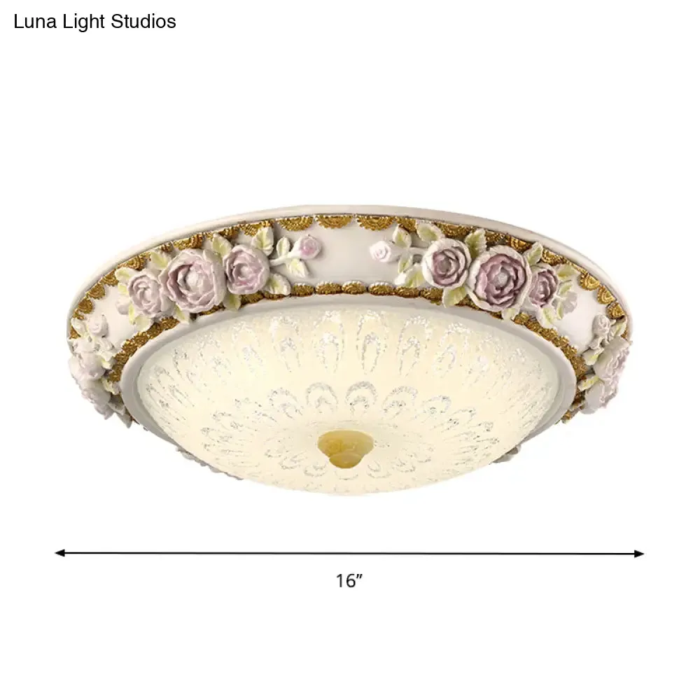 LED Dome Ceiling Lamp with Blossom Accent - White Milky Glass, Flush Mount - Sizes: 12", 16", 19.5