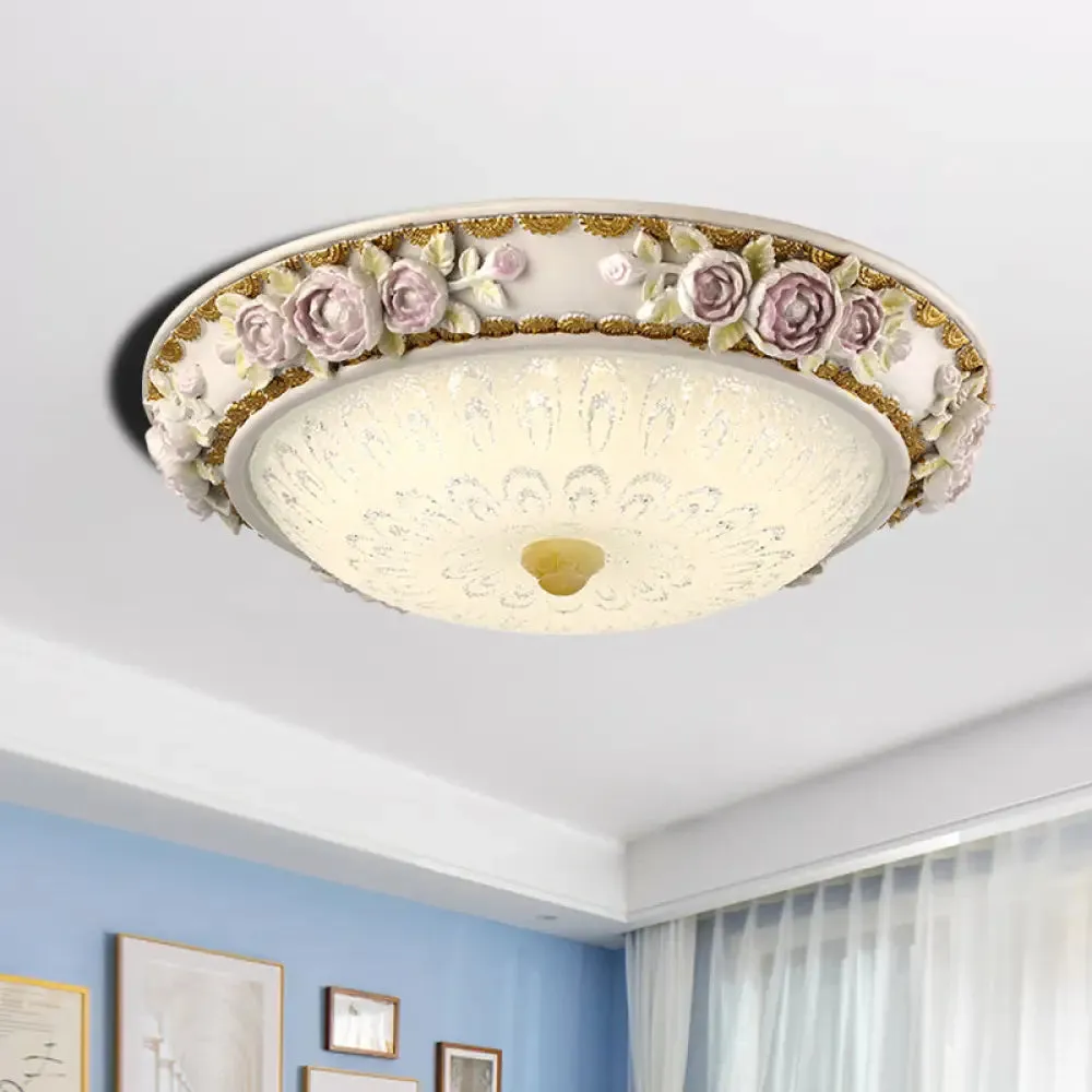 LED Dome Ceiling Lamp with Blossom Accent - White Milky Glass, Flush Mount - Sizes: 12", 16", 19.5