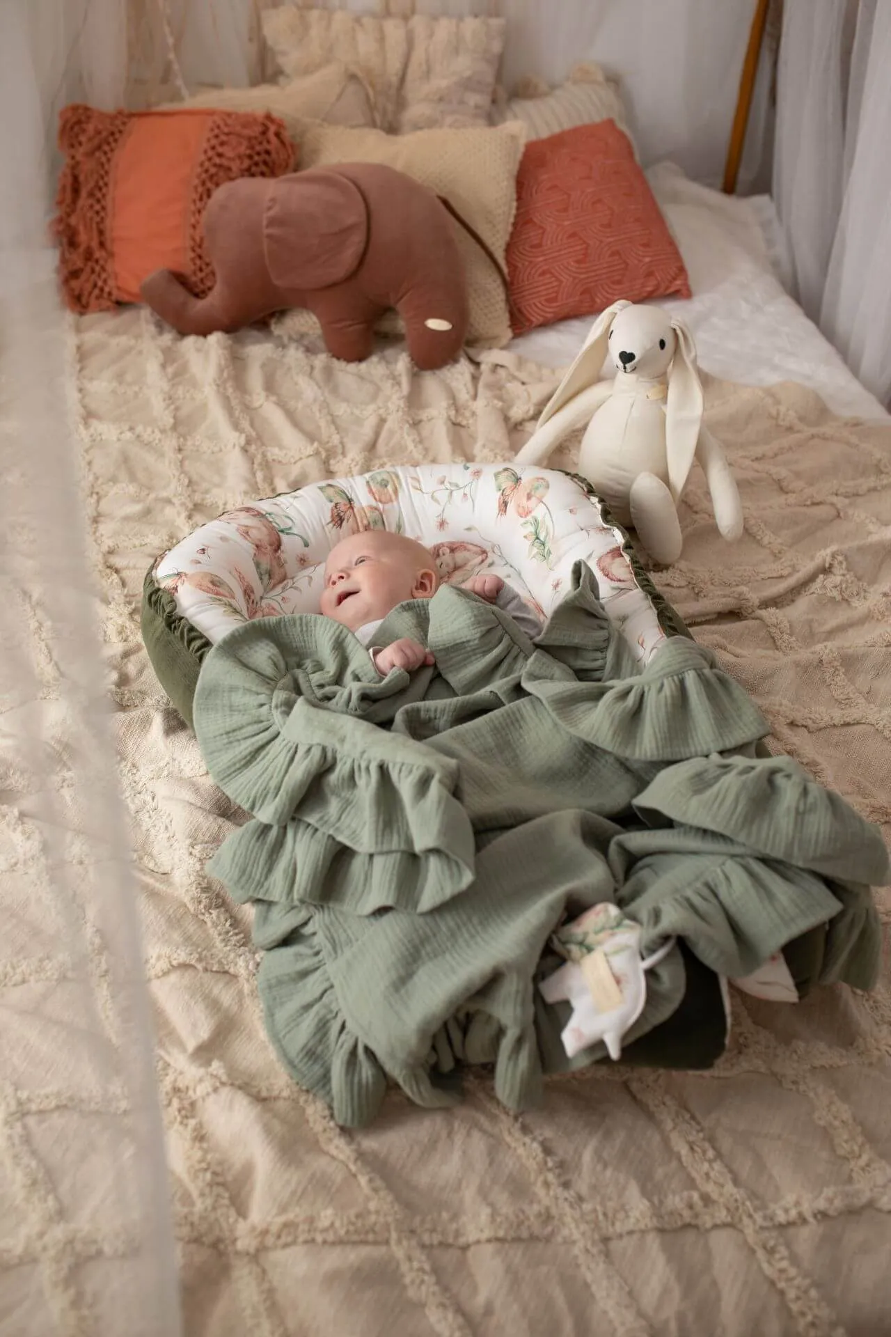 Light Organic Muslin Baby Blanket with a frill - Sage