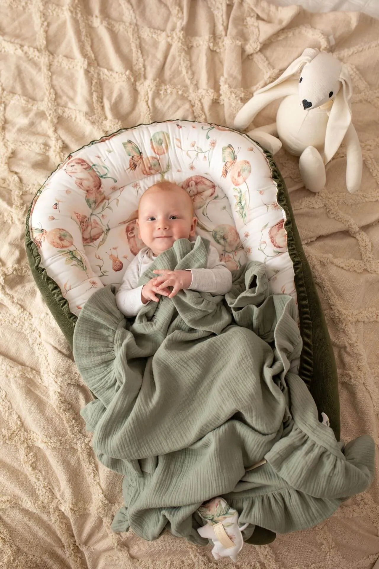 Light Organic Muslin Baby Blanket with a frill - Sage