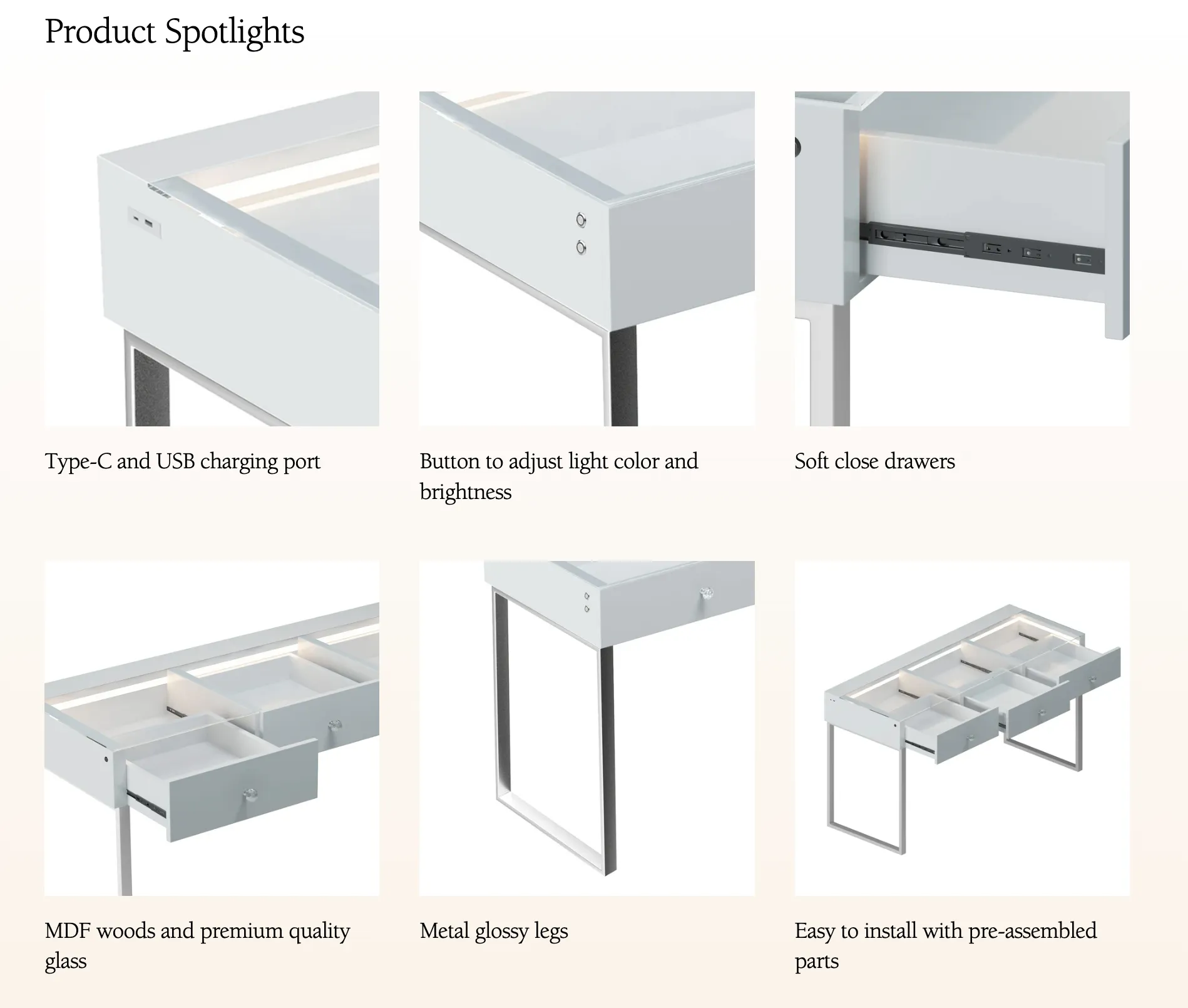 LUXE Vanity Desk Pro with Adjustable LED Light Strip and Glass Top – 2 Drawer