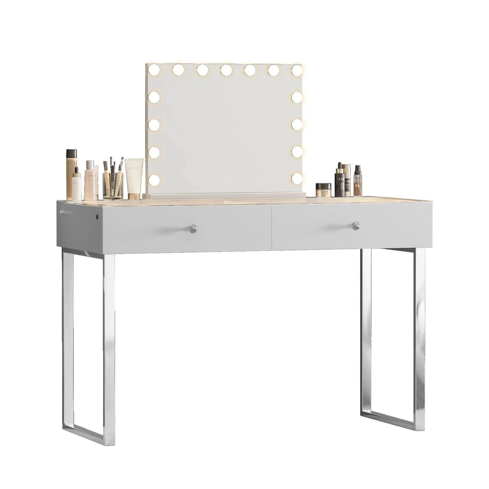 LUXE Vanity Desk Pro with Adjustable LED Light Strip and Glass Top – 2 Drawer