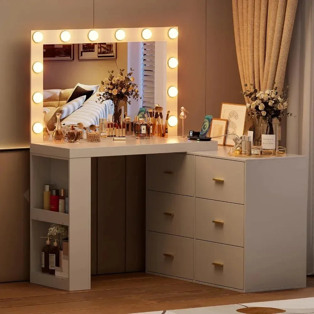 Makeup Vanity Desk with LED Mirror, 6 Drawers, Charging Station, and Adjustable Width