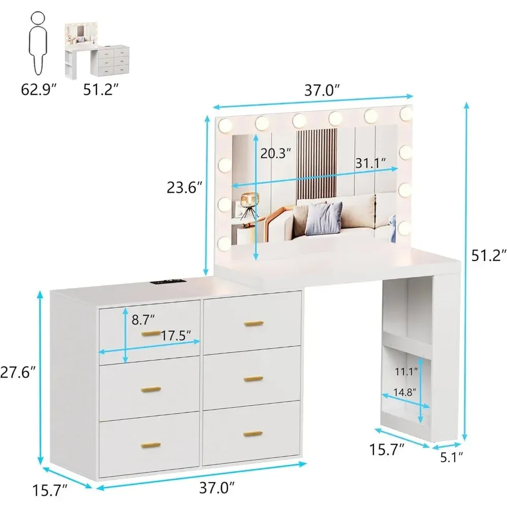 Makeup Vanity Desk with LED Mirror, 6 Drawers, Charging Station, and Adjustable Width