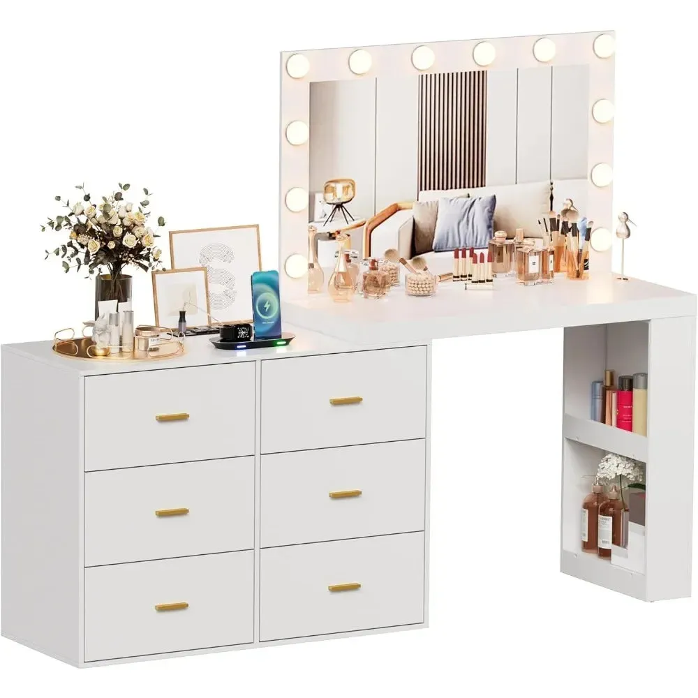 Makeup Vanity Desk with LED Mirror, 6 Drawers, Charging Station, and Adjustable Width