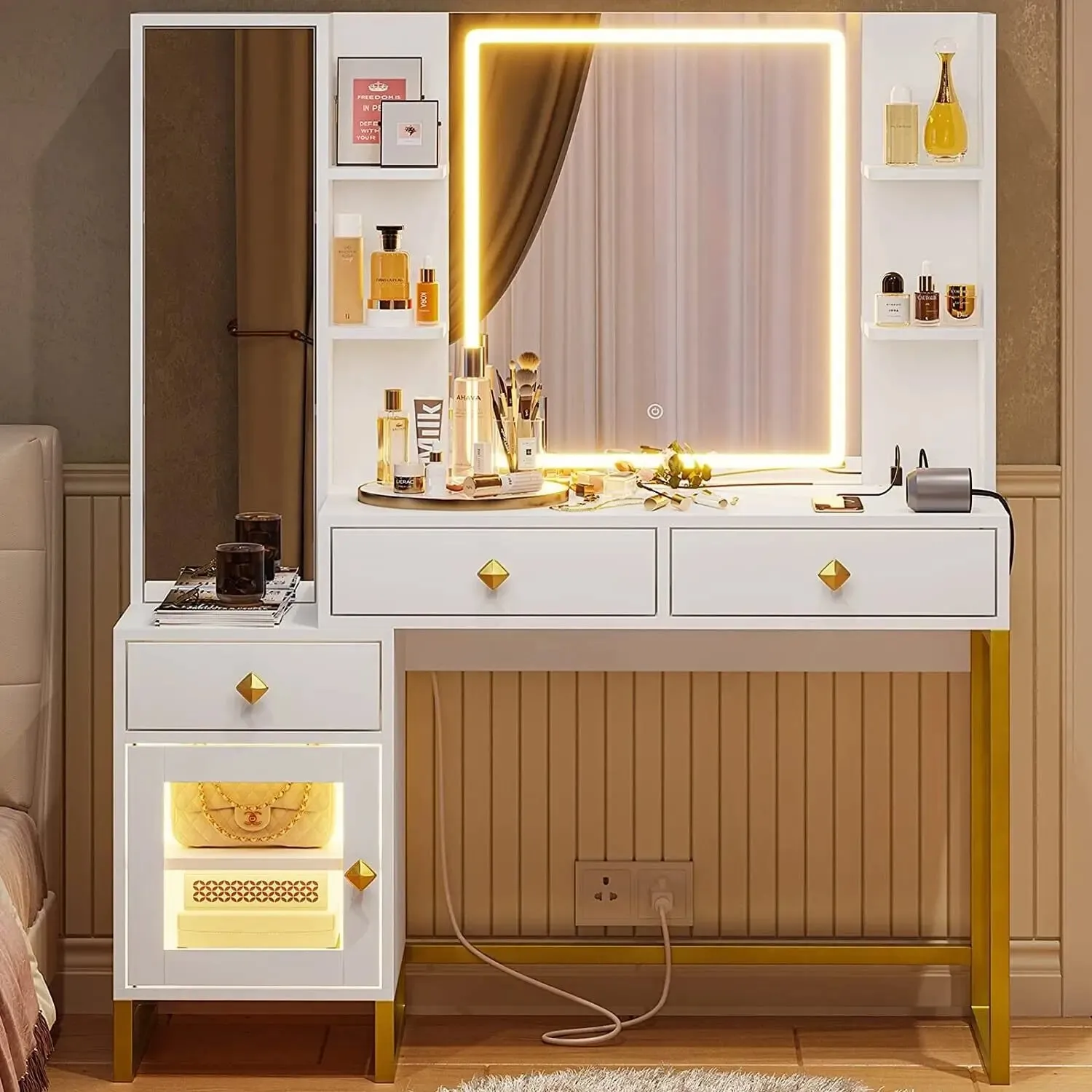 Makeup Vanity Desk with Lighted LED Mirror & Full-Length Mirror, Open & Hidden Storage, Push-To-Open Mirror Door