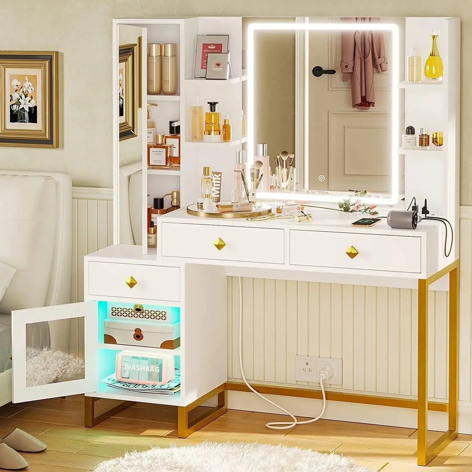 Makeup Vanity Desk with Lighted LED Mirror & Full-Length Mirror, Open & Hidden Storage, Push-To-Open Mirror Door