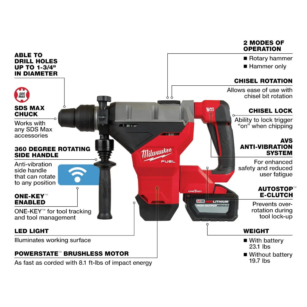 Milwaukee 2718-22HD M18 FUEL 1-3/4" SDS Max Rotary Hammer Kit w/ (2) 12Ah Batteries