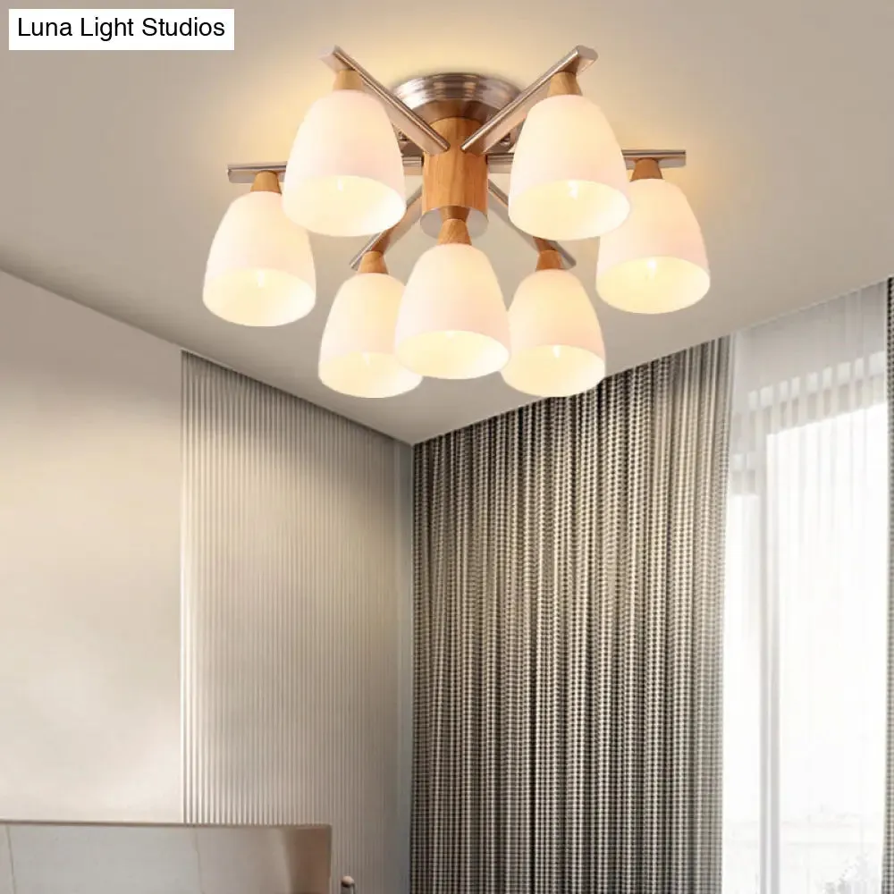 Modernist 7-Light Semi Flush Chrome and Wood Cup Ceiling Lamp with Opal Glass Shade