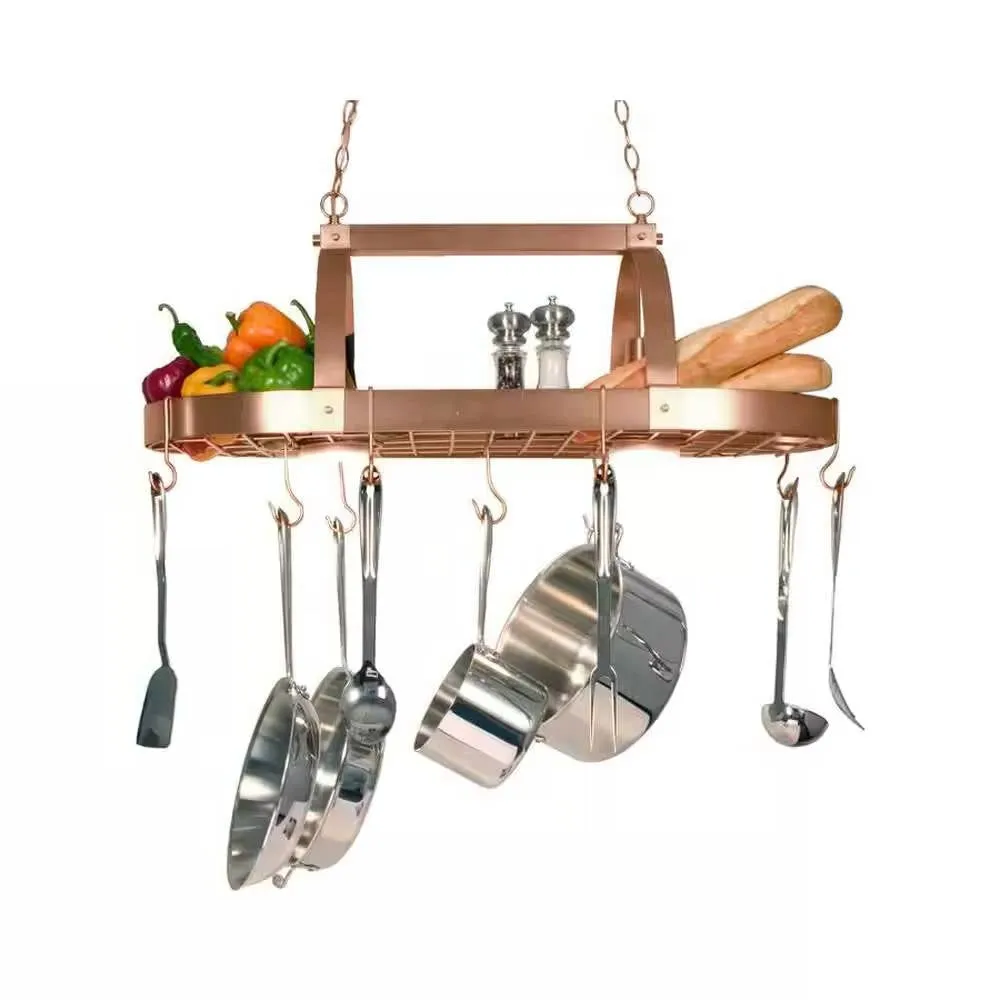 Mount Kitchen Pot Rack in Copper Finish with 2 Lights