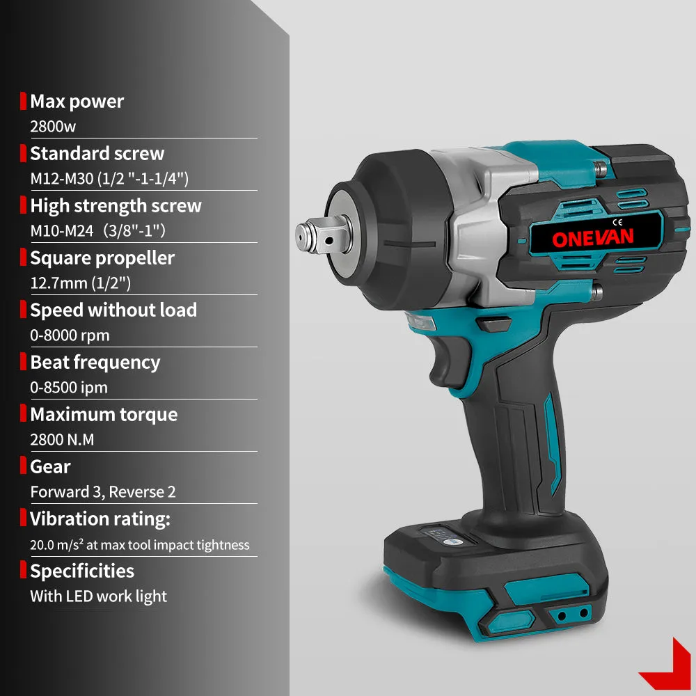 ONEVAN 1/2" 2800N·m Brushless Cordless Impact Wrench | For Makita 18V Battery