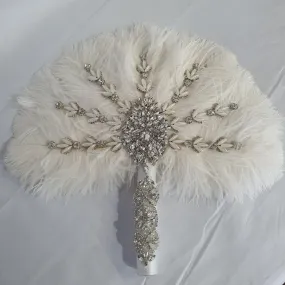 Ostrich Feather Fan bouquet with Genuine crystal detail- alternative Bouquet Great Gatsby wedding style, Artificial wedding bouquet