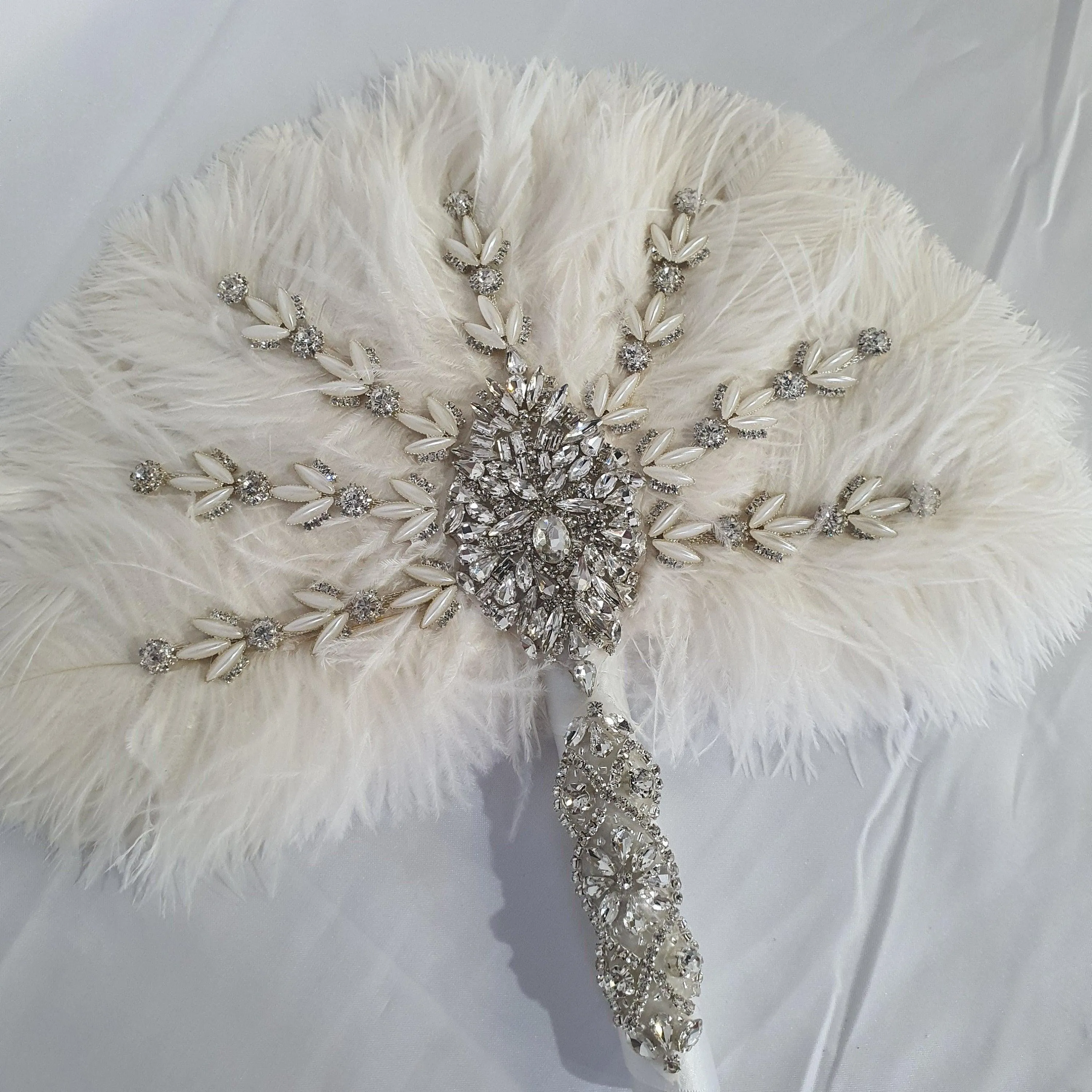 Ostrich Feather Fan bouquet with Genuine crystal detail- alternative Bouquet Great Gatsby wedding style, Artificial wedding bouquet