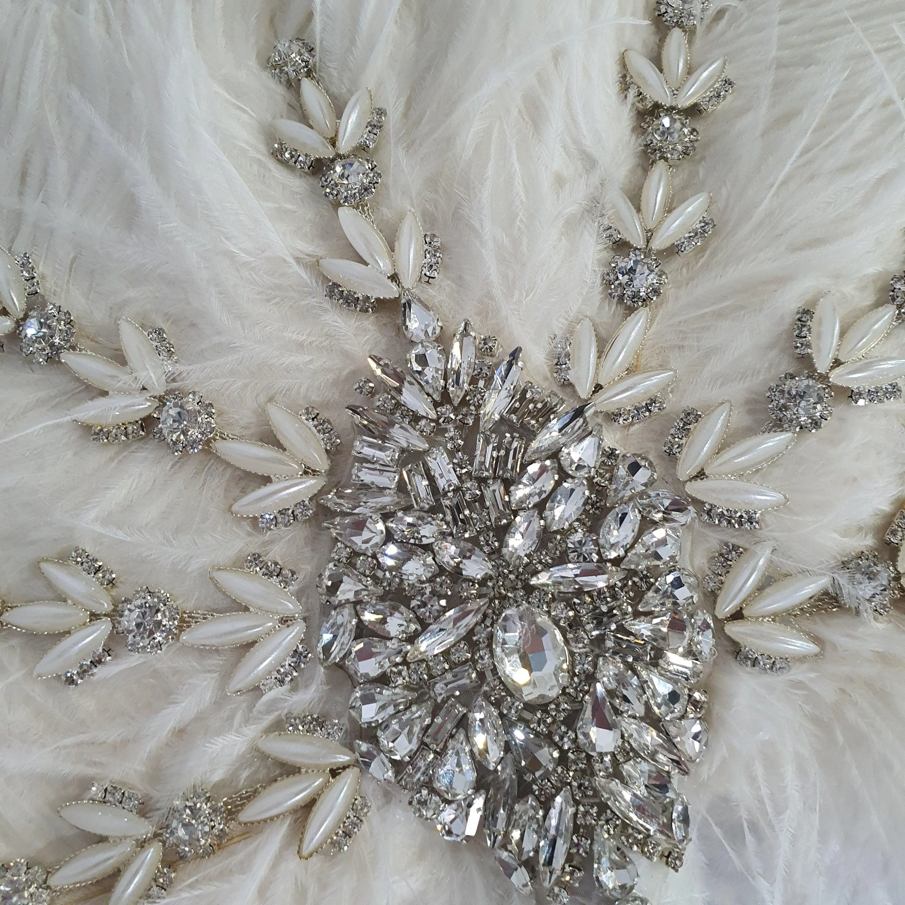 Ostrich Feather Fan bouquet with Genuine crystal detail- alternative Bouquet Great Gatsby wedding style, Artificial wedding bouquet