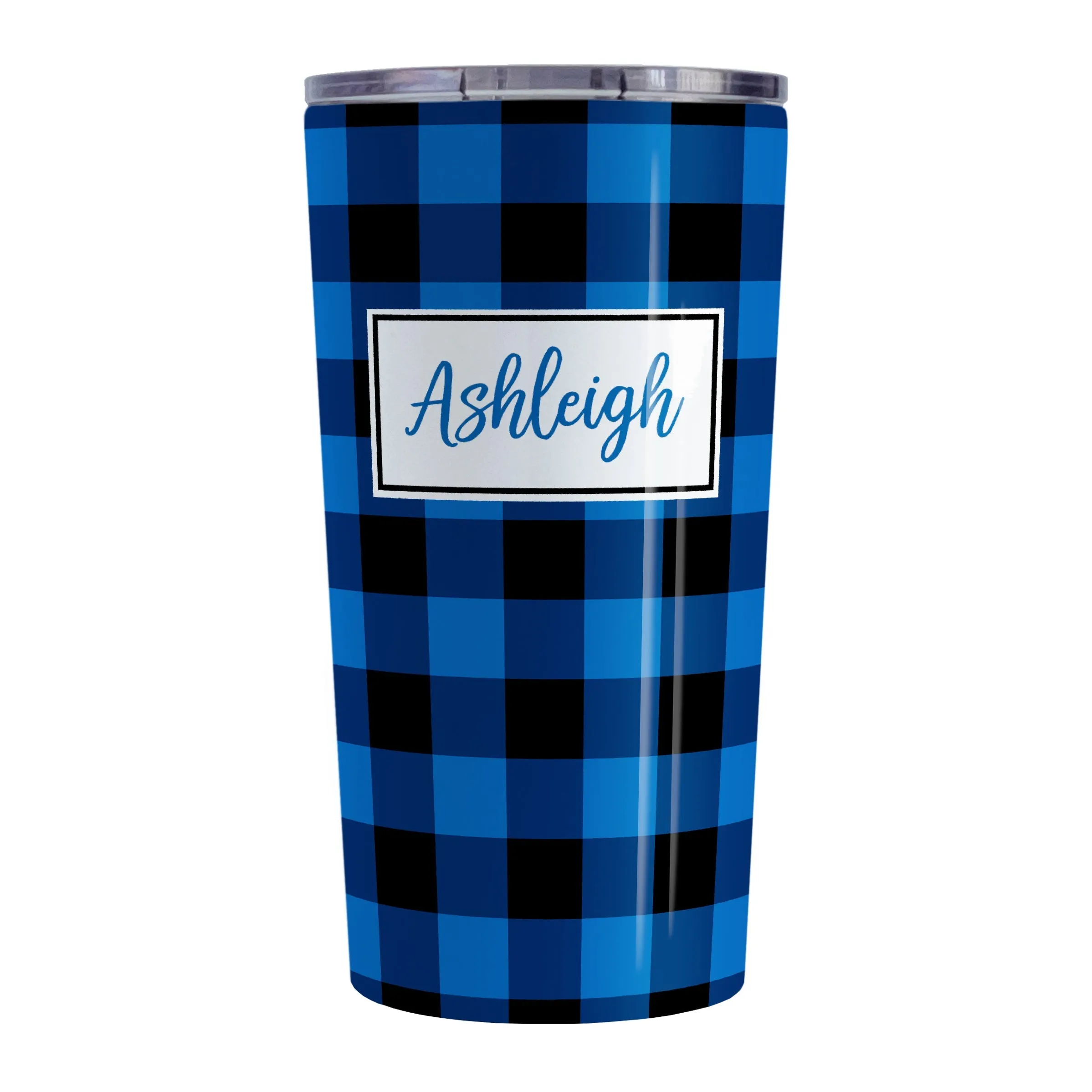 Personalized Blue and Black Buffalo Plaid Tumbler Cup