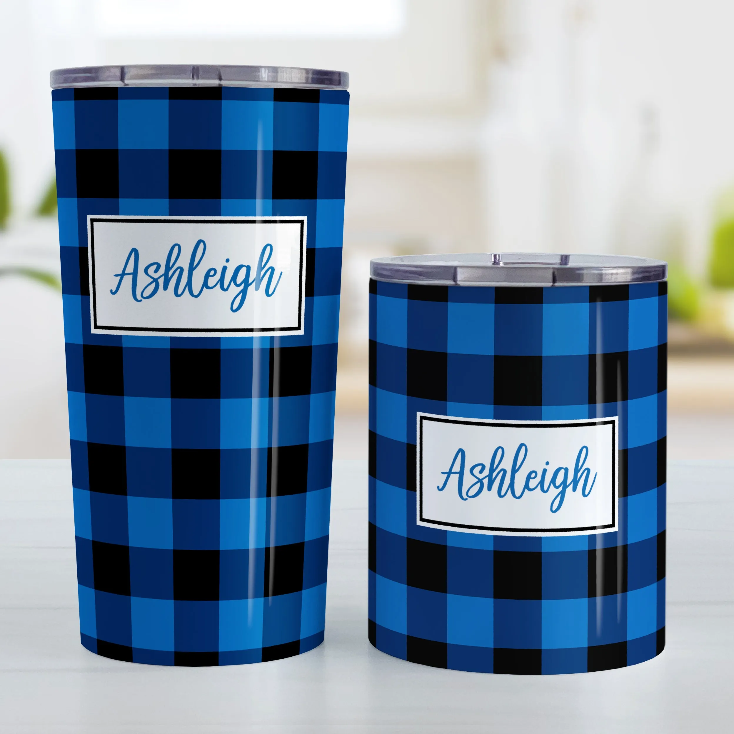 Personalized Blue and Black Buffalo Plaid Tumbler Cup