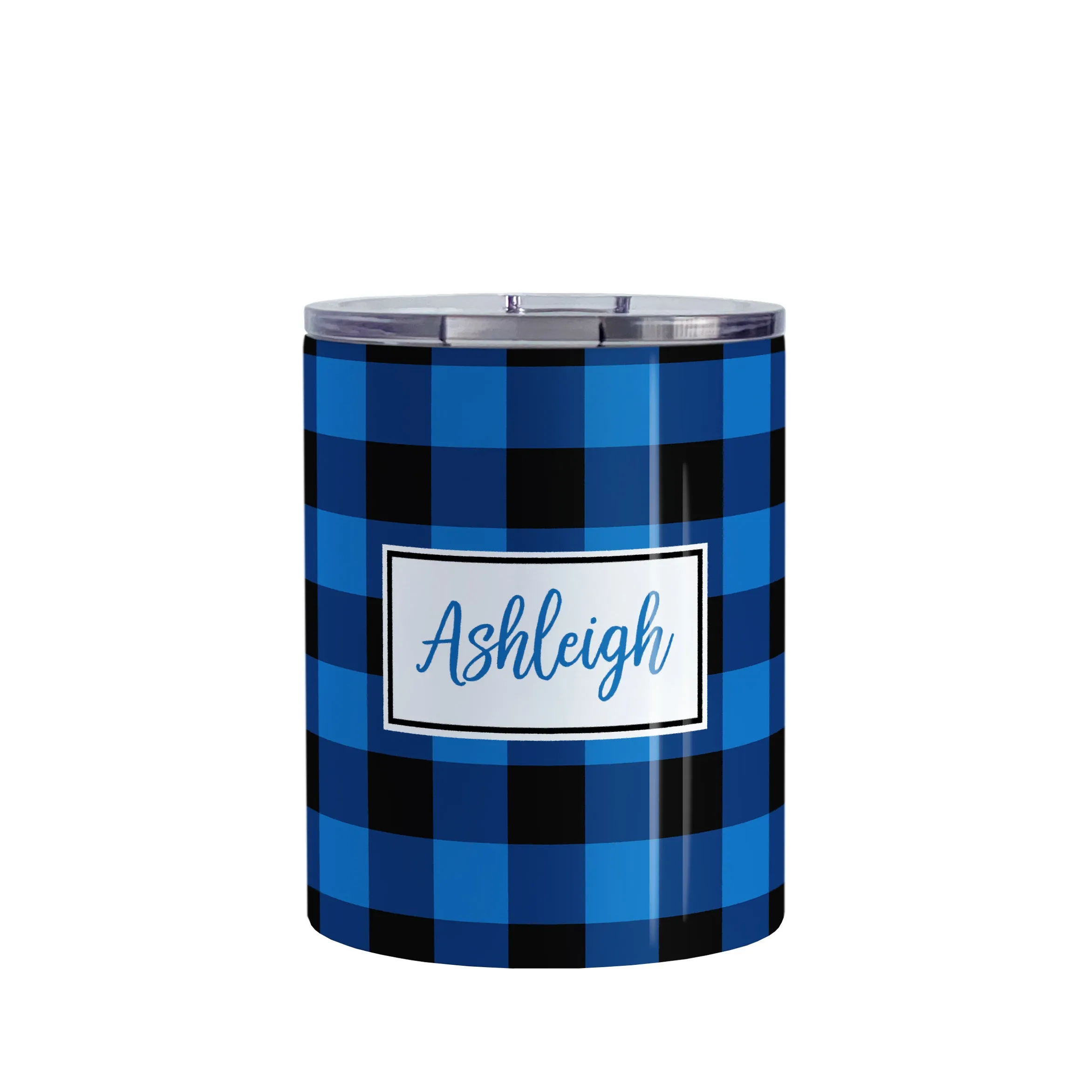 Personalized Blue and Black Buffalo Plaid Tumbler Cup