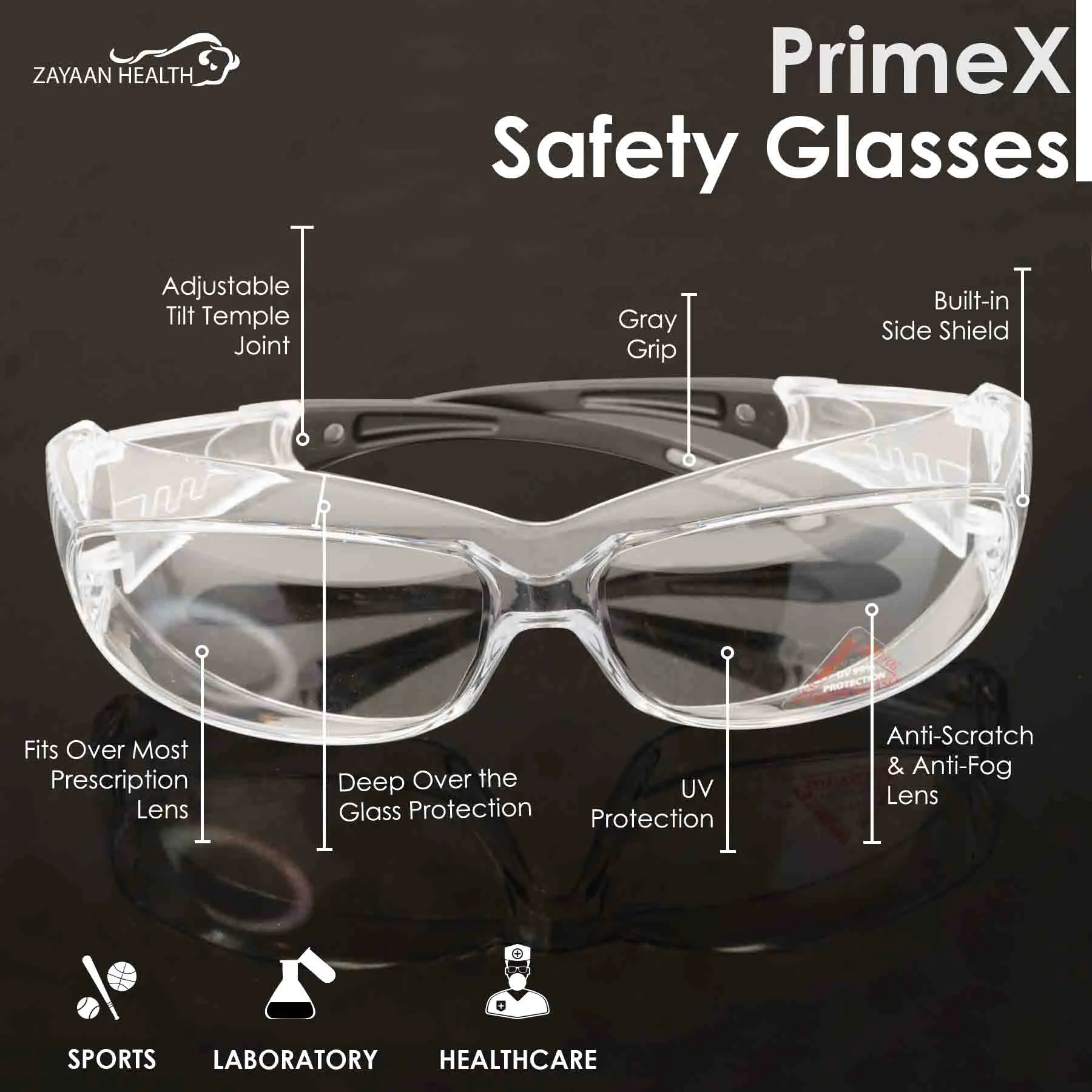 PrimeX Black Temple Anti-Scratch-Fog Safety Glasses, ANSI Z87.1, UV Protection