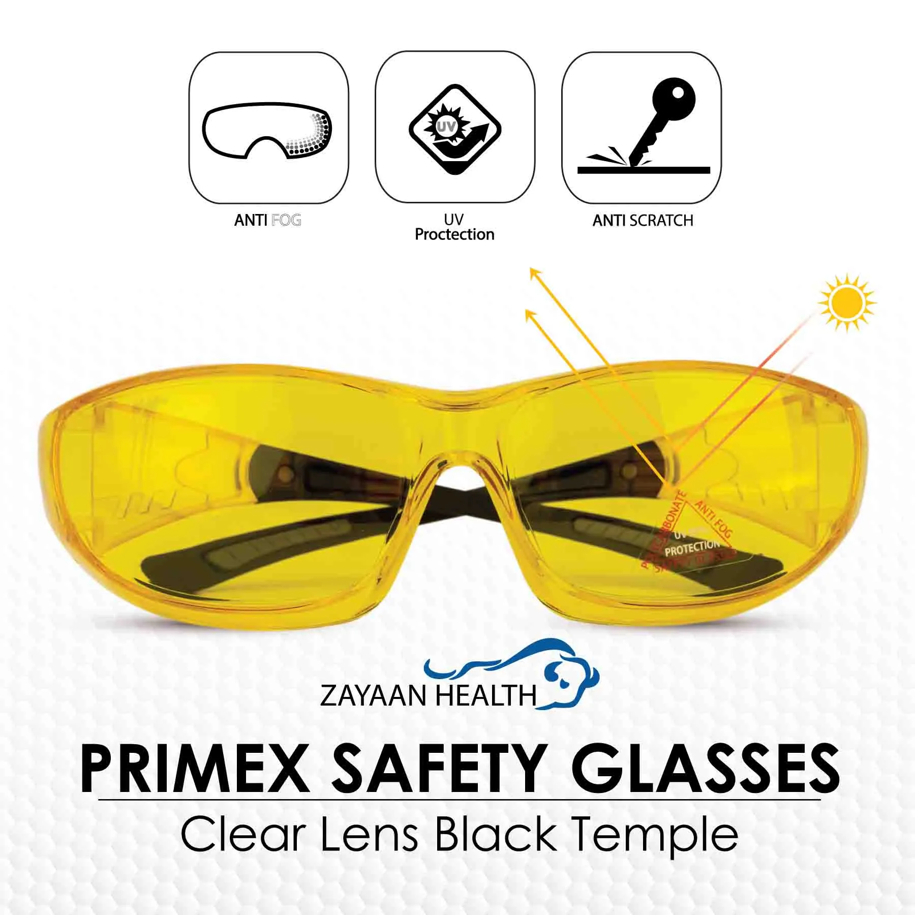 PrimeX Color Lens Black Temple Safety Glasses, Anti-Fog, ANSI Z87.1