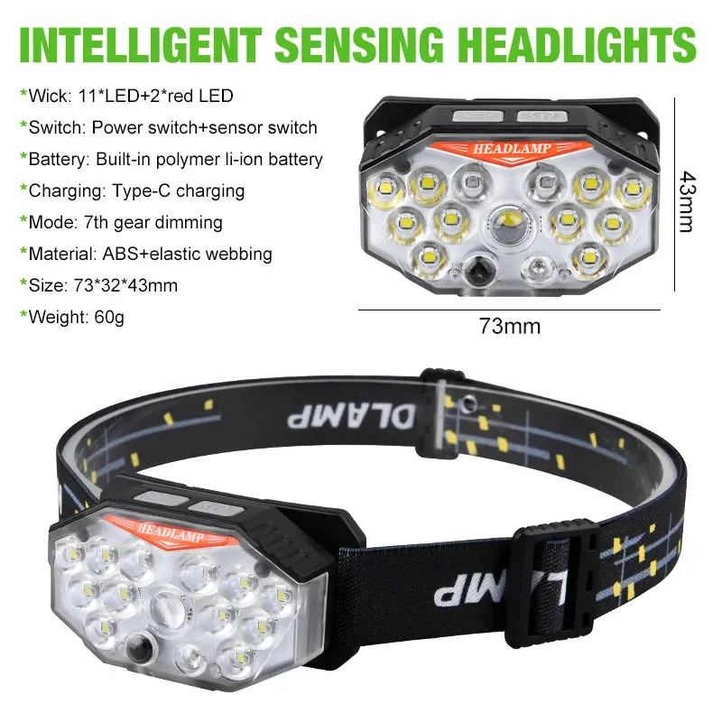 Rechargeable Headlamp Wave Sensing LED Lamp Type-C Charger Flashlight 7 Modes Light Camping Fishing Multi-Functional Lantern