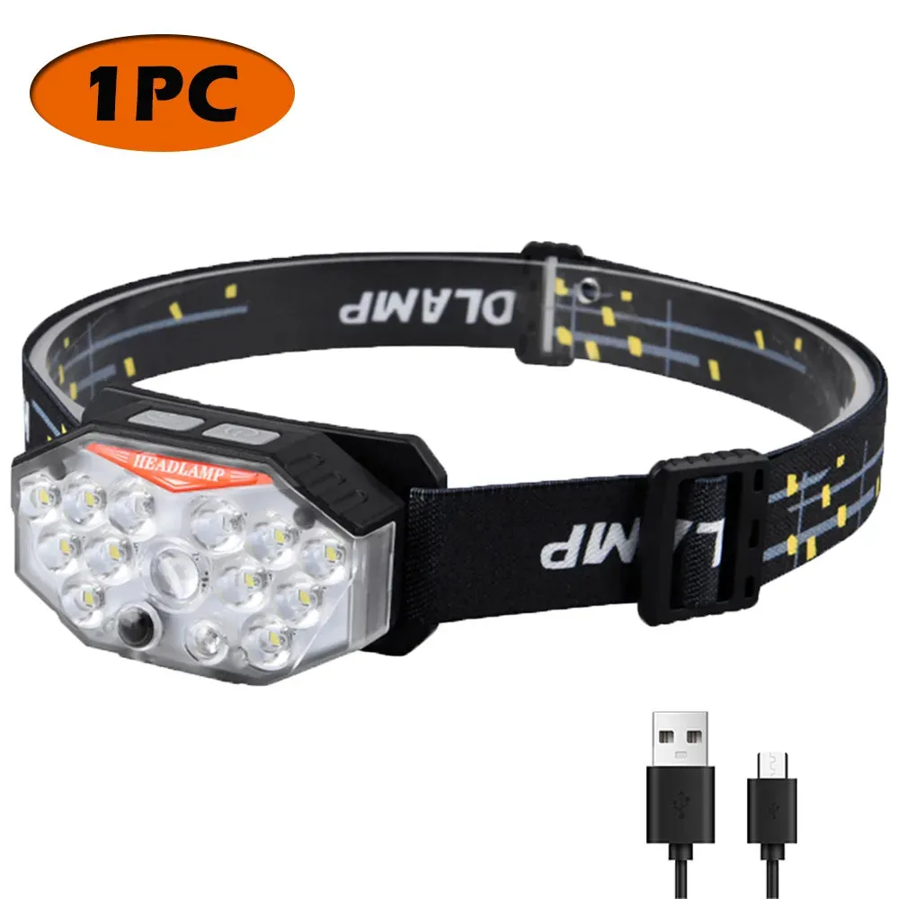 Rechargeable Headlamp Wave Sensing LED Lamp Type-C Charger Flashlight 7 Modes Light Camping Fishing Multi-Functional Lantern