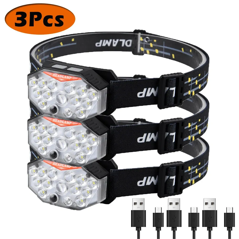 Rechargeable Headlamp Wave Sensing LED Lamp Type-C Charger Flashlight 7 Modes Light Camping Fishing Multi-Functional Lantern