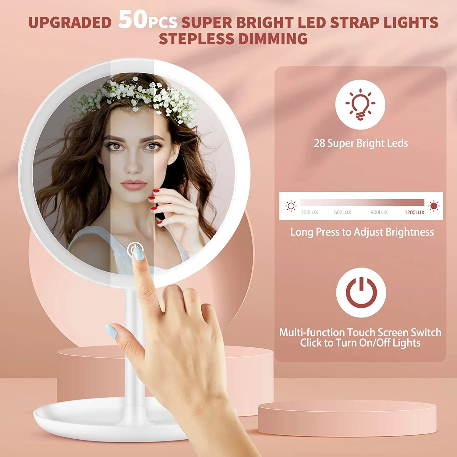 Rechargeable Lighted Makeup Mirror 50 LED Lights With Detachable Storage Tray