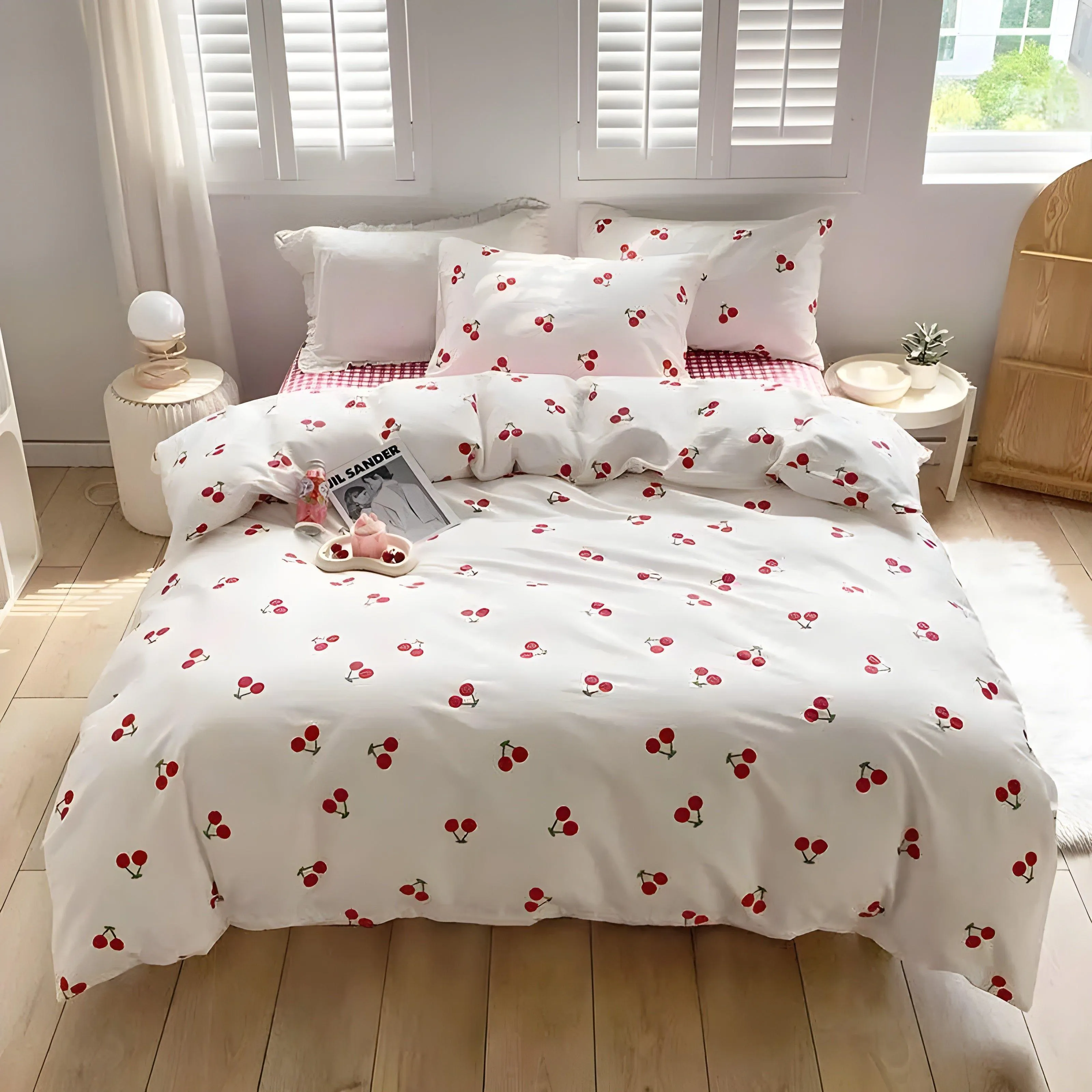 Red Cherry Chessboard Bedding Set For Girls Boys Double Size Flat Sheet Duvet Cover and Pillowcase Soft Bed Linen Home Textile