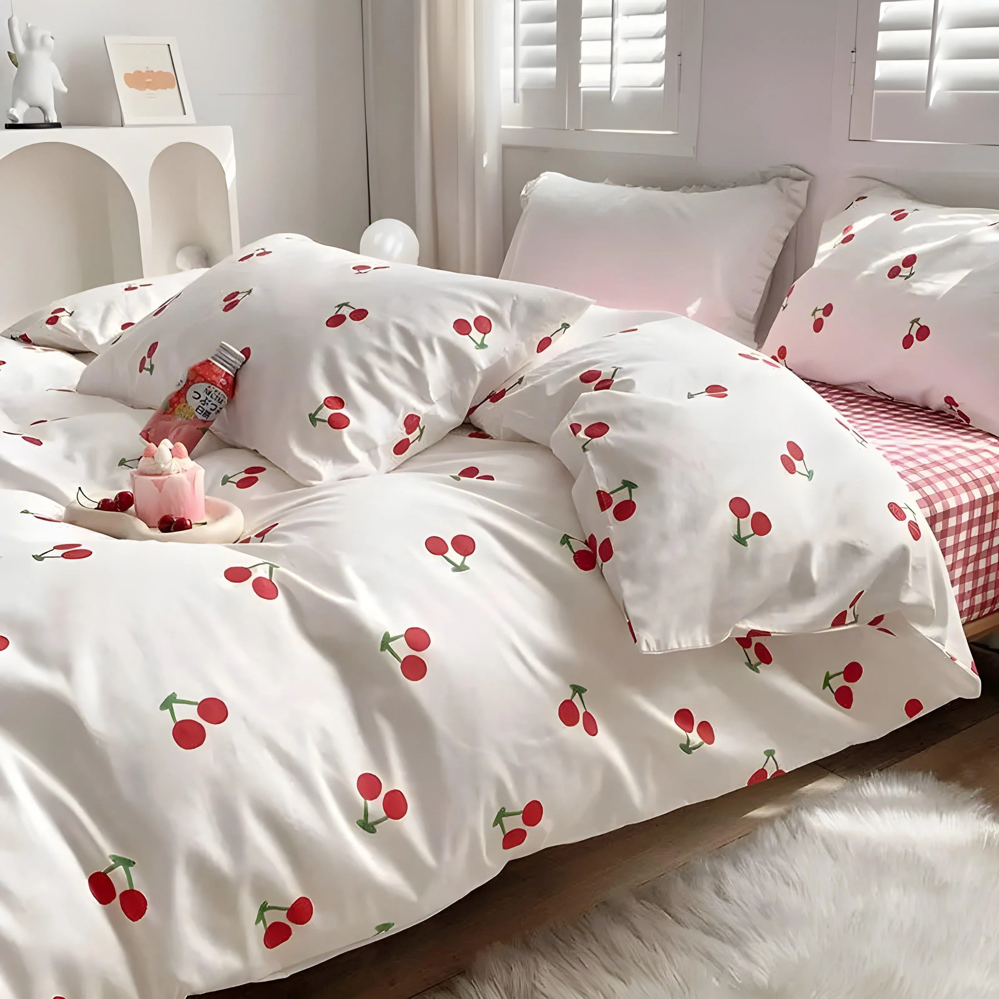 Red Cherry Chessboard Bedding Set For Girls Boys Double Size Flat Sheet Duvet Cover and Pillowcase Soft Bed Linen Home Textile