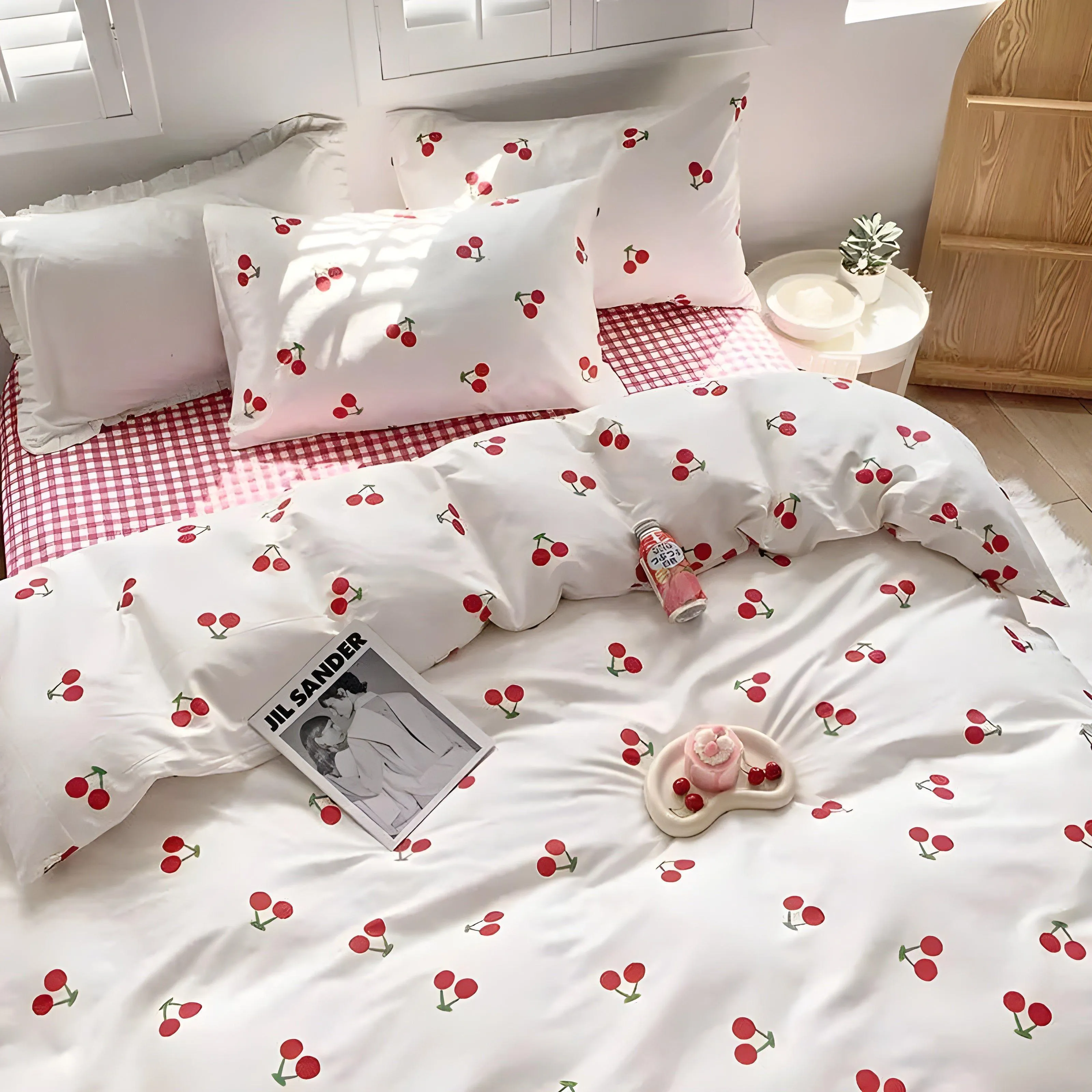 Red Cherry Chessboard Bedding Set For Girls Boys Double Size Flat Sheet Duvet Cover and Pillowcase Soft Bed Linen Home Textile