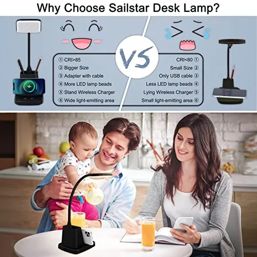 Sailstar LED Desk Lamp for Home Office with Wireless Charger, 3 Color Modes, Stepless Dimming, CRI 85, 800 Lumen, Black Study Lamp with Pen Holder for College Dorm Room, Adapter Included