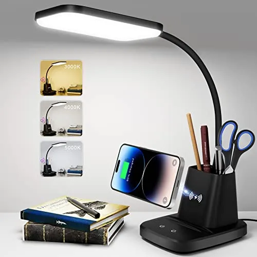 Sailstar LED Desk Lamp for Home Office with Wireless Charger, 3 Color Modes, Stepless Dimming, CRI 85, 800 Lumen, Black Study Lamp with Pen Holder for College Dorm Room, Adapter Included