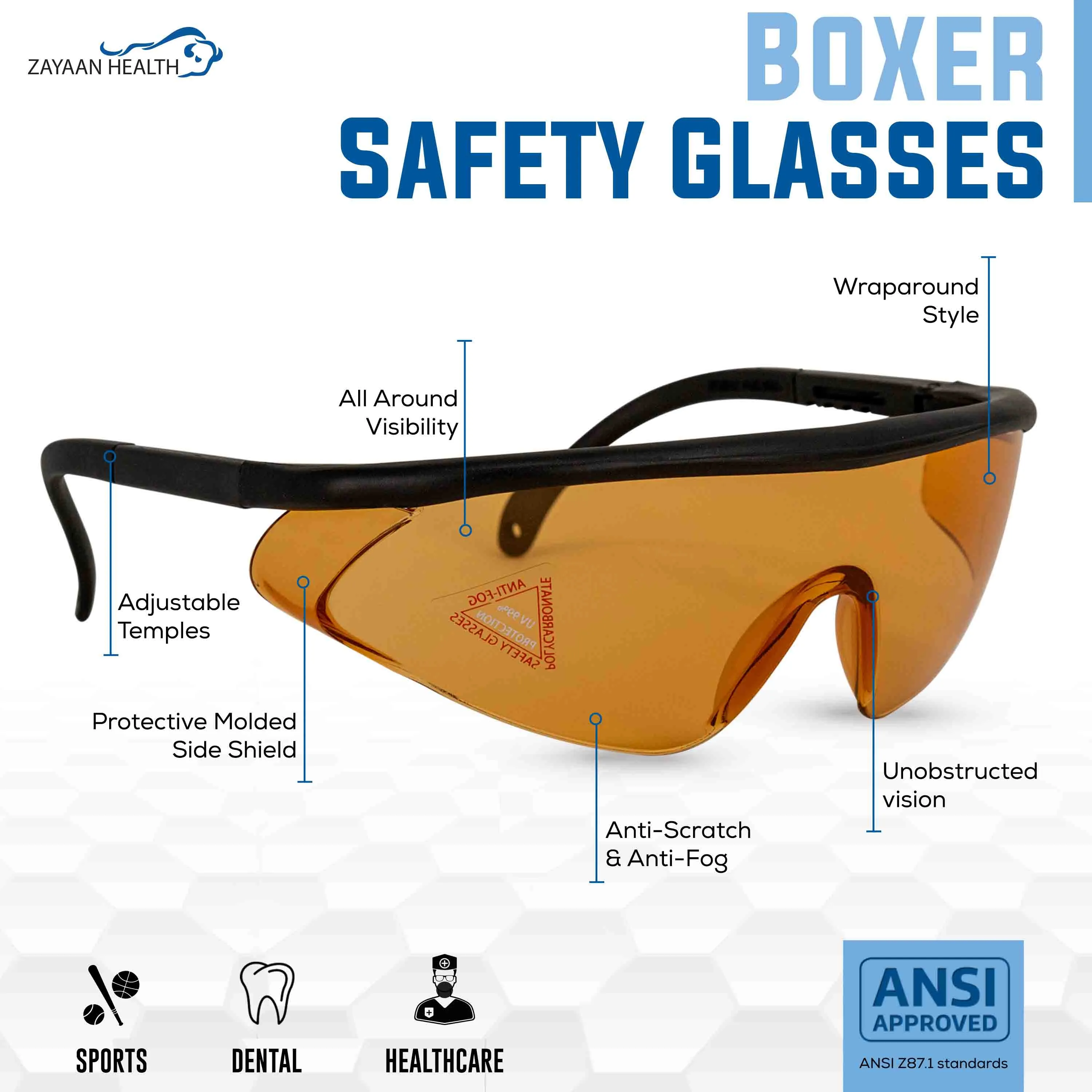 Simone Fully Adjustable Temple Safety Glasses, Anti Scratch-Fog Lens